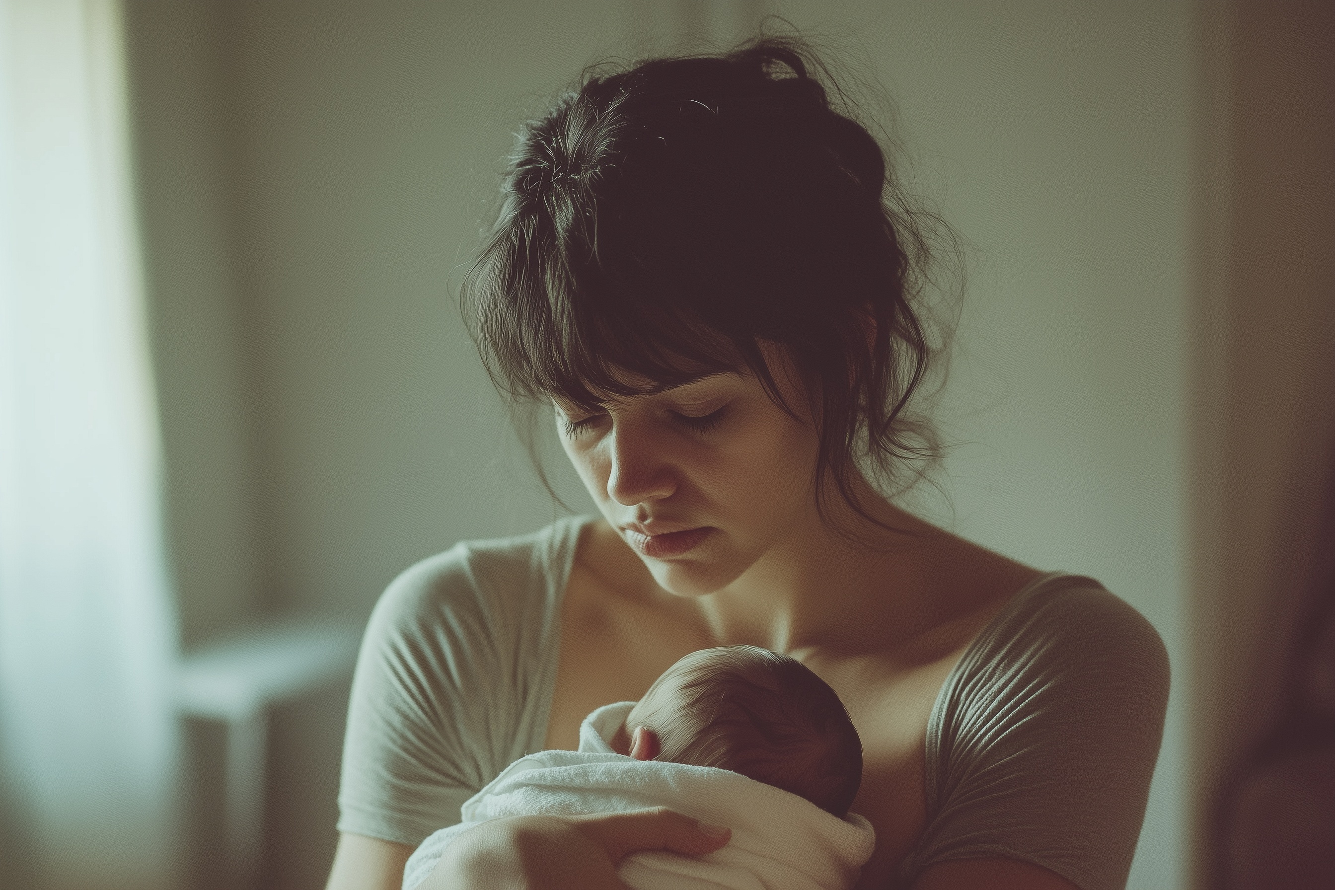 Jeune maman regardant son bébé avec intensité, dans une lumière tamisée, représentant le besoin d’accompagnement émotionnel Jeune maman regardant son bébé avec intensité, dans une lumière tamisée, représentant le besoin d’accompagnement émotionnel